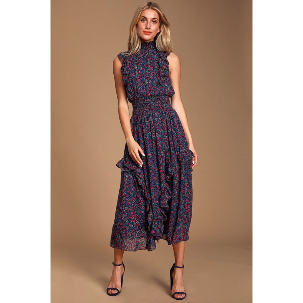 Floral Mock Neck Ruffle Midi Dress - Picture 2 of 5